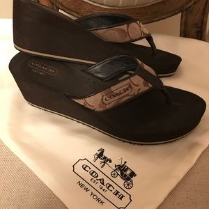Coach signature brown wedge flip flops